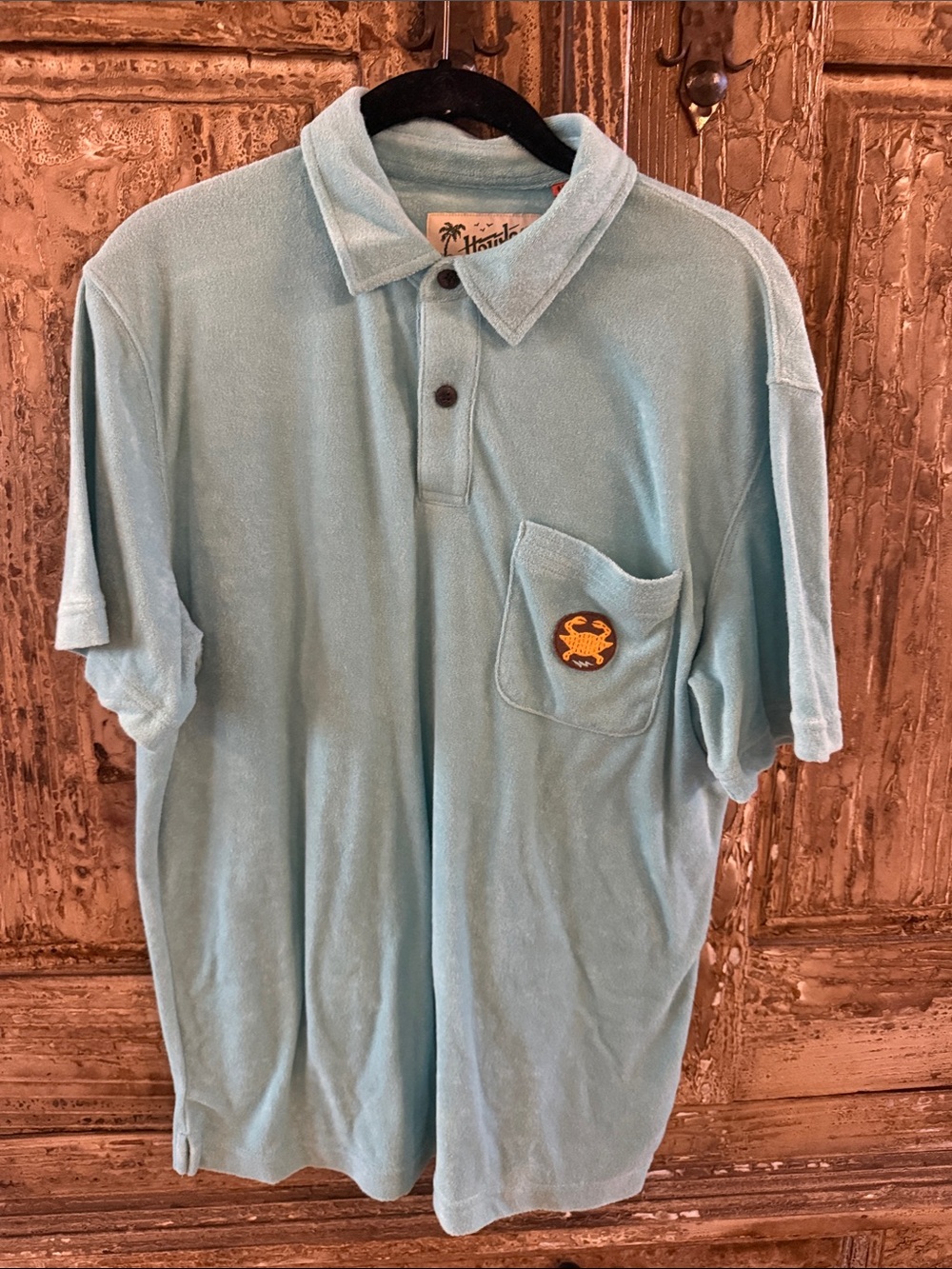 Howler Brothers Light Aqua Polo with Chest Pocket and Crab Patch